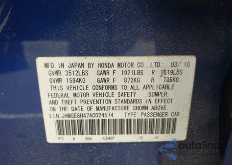 2010 Honda Fit Sport from USA, damaged, VIN JHMGE8H47AC024574